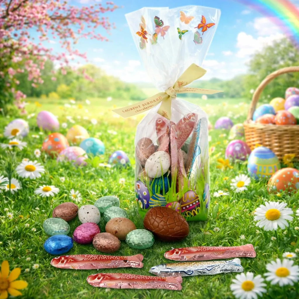 Easter chocolate goodie bag with assorted milk chocolate eggs and fish, beautifully wrapped for Easter gifting and delivery in Singapore
