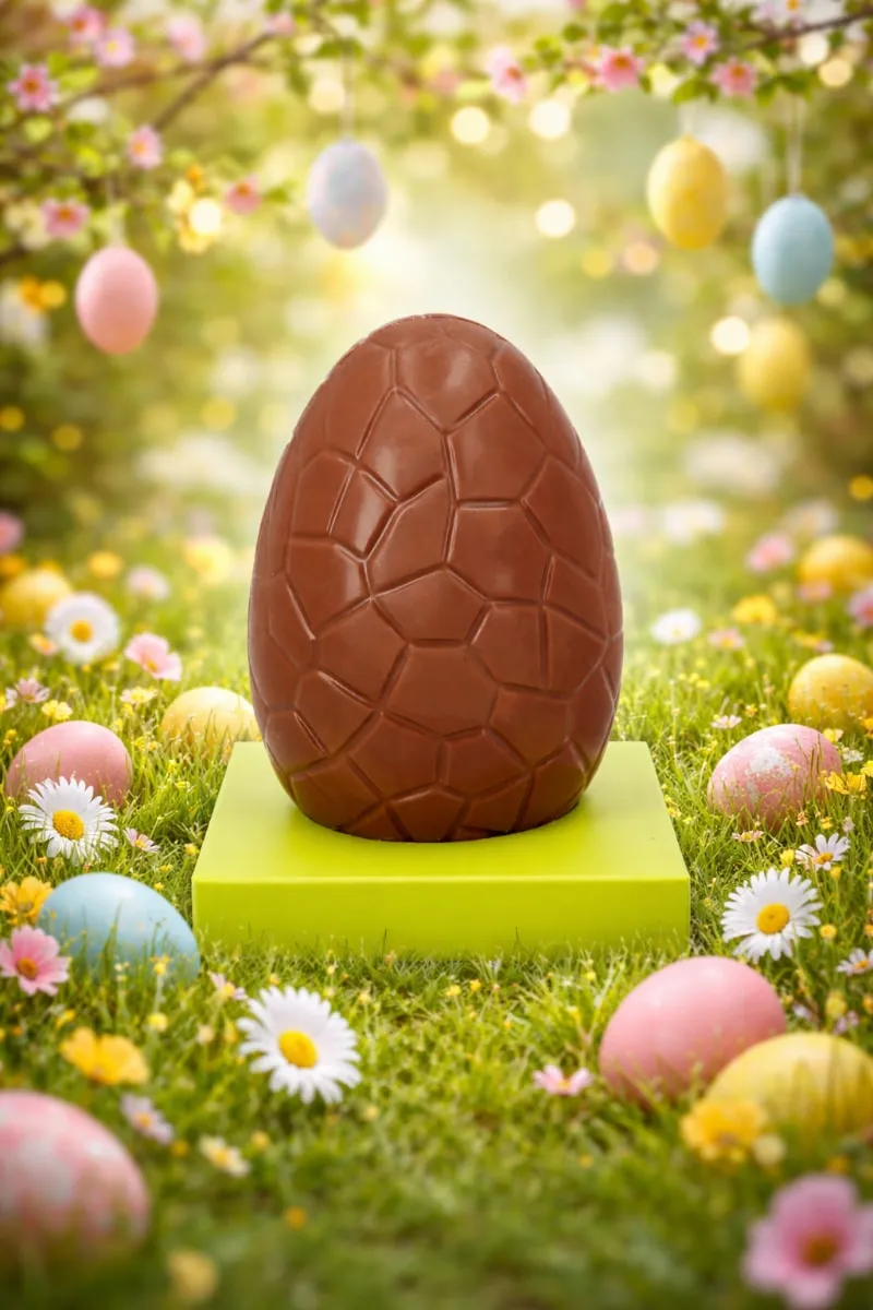 Milk chocolate Easter egg with textured shell design by Laurent Bernard Chocolatier, premium Easter chocolate, best chocolate delivery Singapore