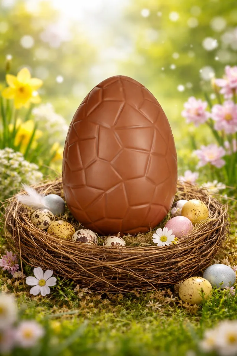 Premium chocolate Easter egg in rustic nest with pastel mini eggs and spring flowers, luxury Easter chocolate gift Singapore, premium Easter gift delivery Singapore, corporate Easter chocolate hamper.