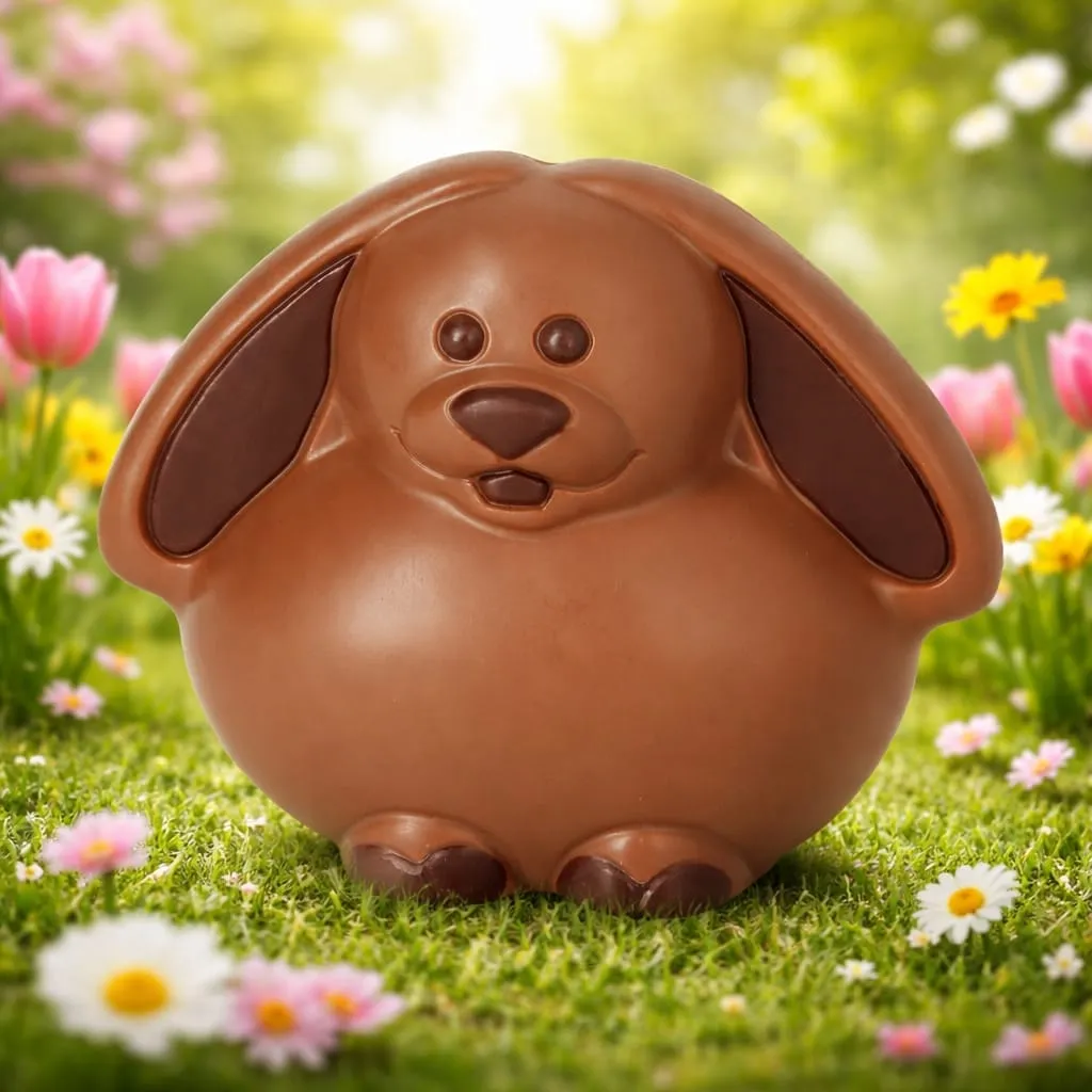 Easter chocolate rabbit by Laurent Bernard Chocolatier, a cute milk chocolate Easter figure displayed on spring grass with flowers, perfect for Easter gifting in Singapore.
