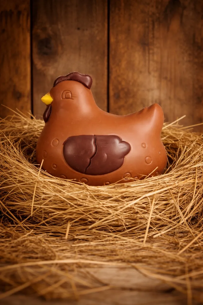Milk chocolate Easter hen resting in a straw nest, artisanal chocolate figure with rustic farmhouse style, available for delivery in Singapore