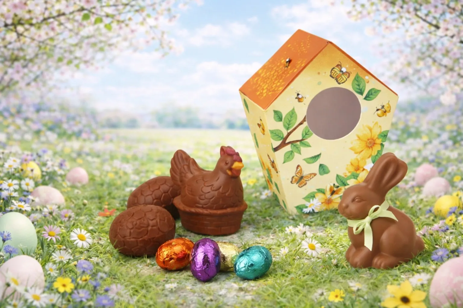 Premium Easter chocolate bunny, hen and eggs gift box with decorative spring house – luxury Easter chocolate Singapore by Laurent Bernard Chocolatier