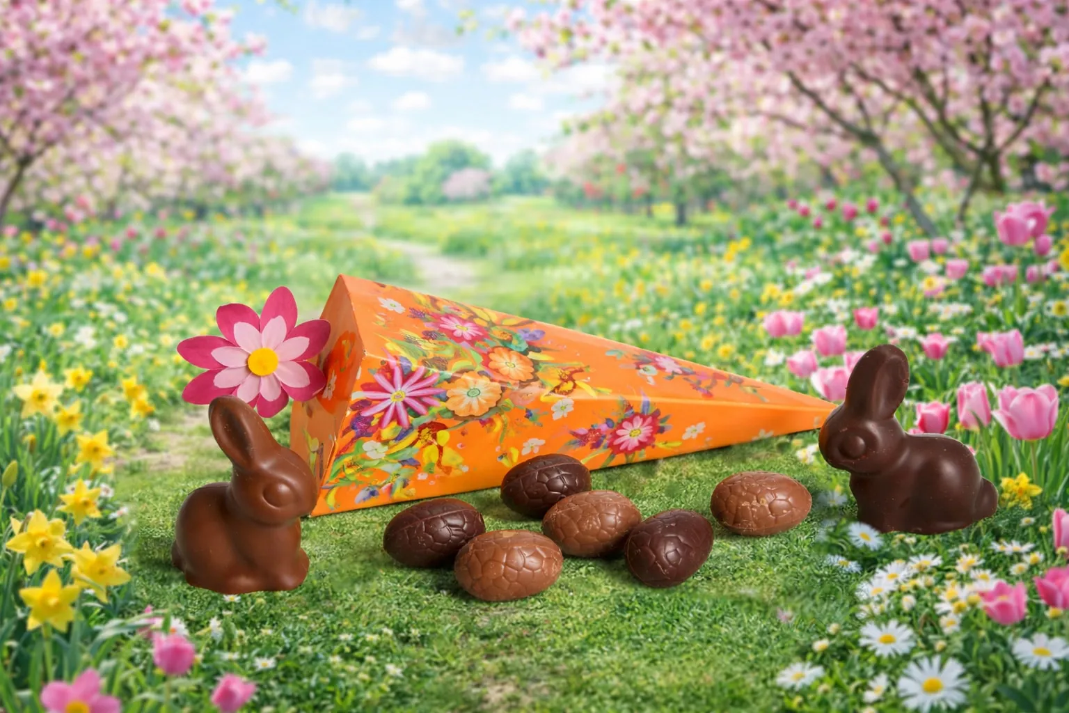 Easter chocolate carrot gift box with chocolate bunny and eggs in spring garden – Easter chocolate delivery Singapore premium Easter chocolates