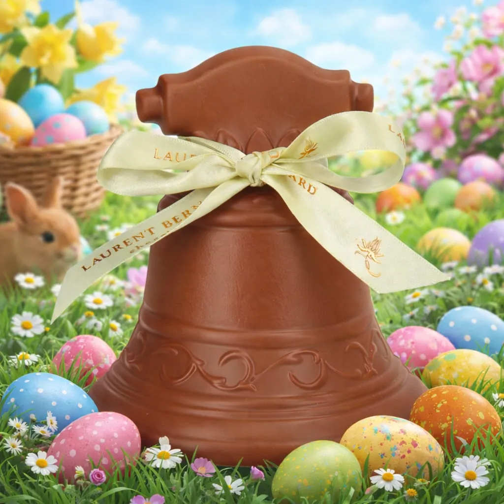 Easter chocolate bell by Laurent Bernard Chocolatier, crafted in milk chocolate with a signature ribbon, styled in a festive Easter setting, available for delivery in Singapore