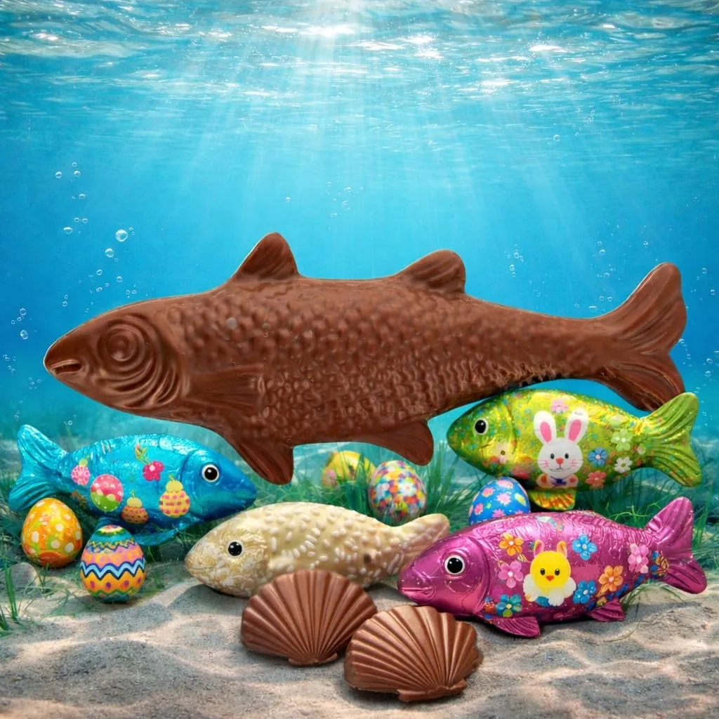 Easter chocolate fish assortment by Laurent Bernard Chocolatier, featuring a large milk chocolate fish and colorful decorated Easter fish and eggs in an underwater theme.