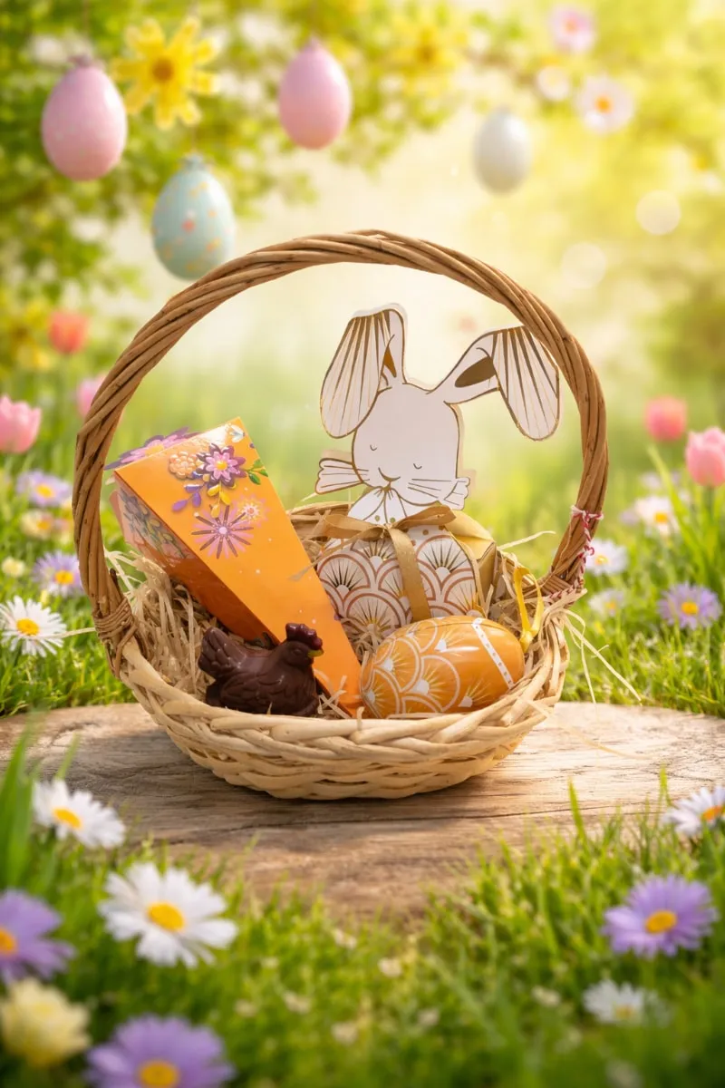 Luxury Easter chocolate basket by Laurent Bernard Chocolatier featuring handcrafted chocolates, decorative eggs and festive gift packaging in Singapore