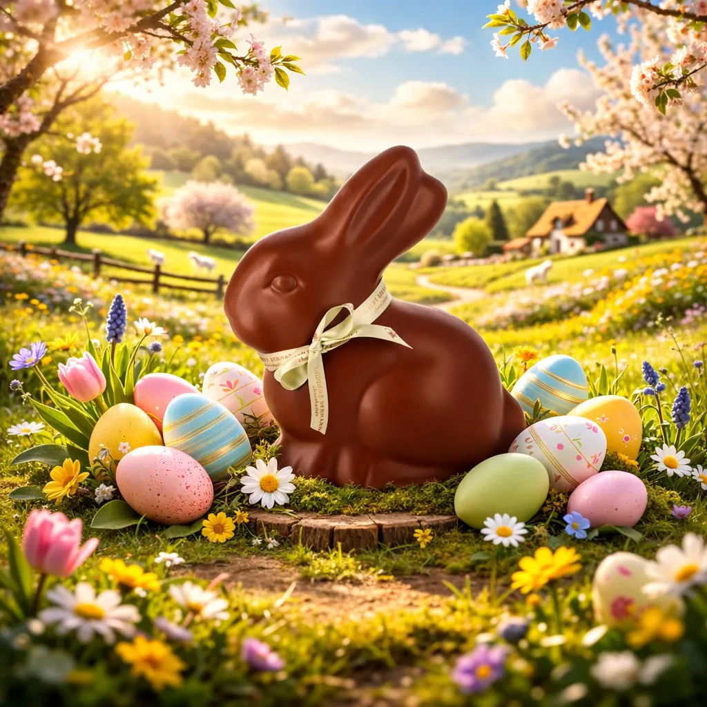 Artisanal milk chocolate Easter bunny with ribbon, surrounded by colorful Easter eggs in a pastoral spring meadow