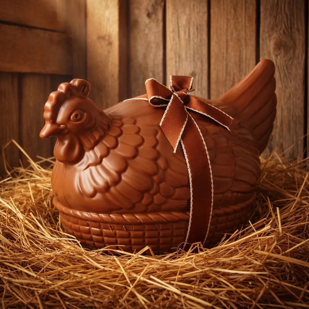 Premium Easter chocolate hen in straw nest inside rustic wooden coop, premium milk chocolate gift with ribbon, Singapore delivery