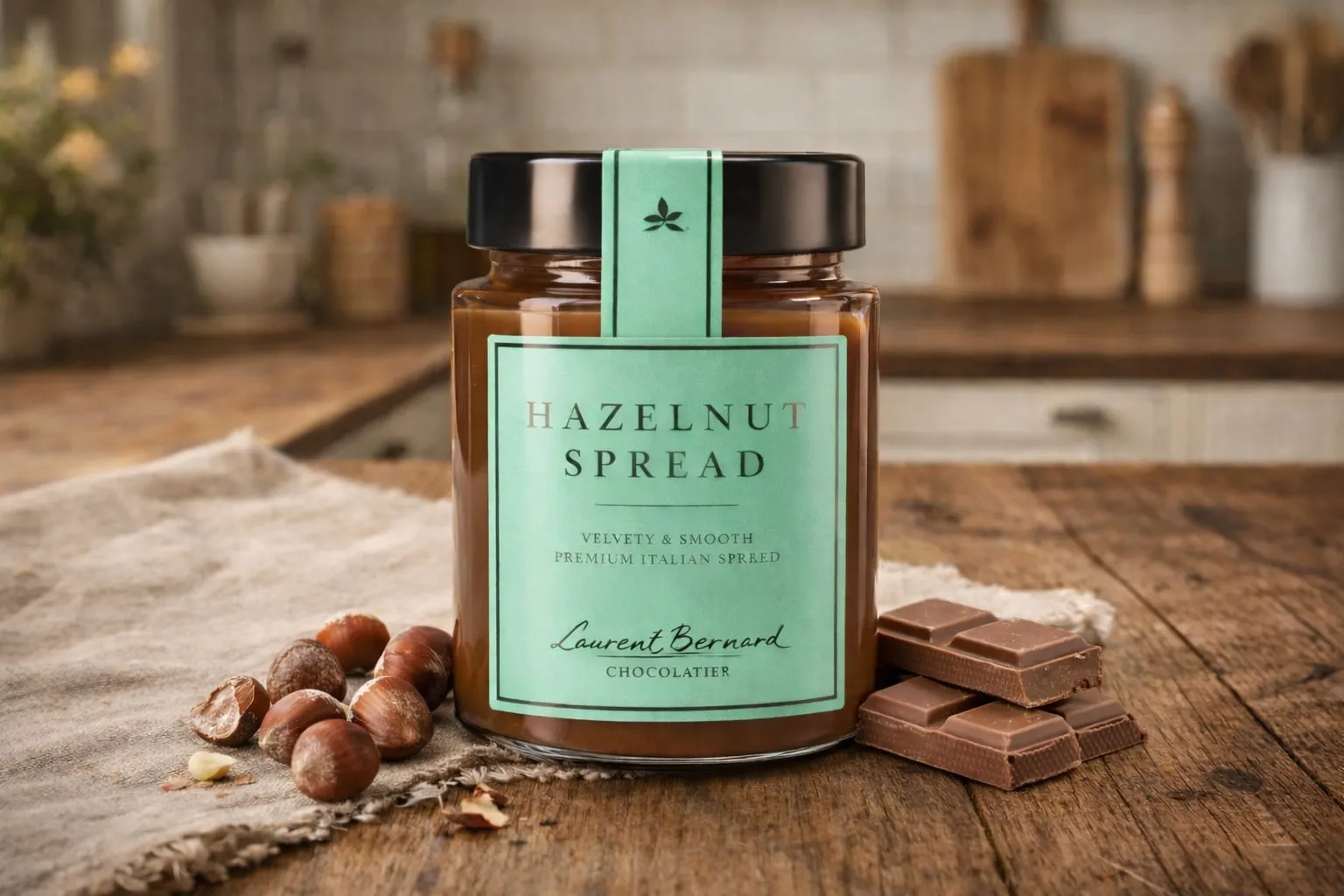 Premium hazelnut chocolate spread in glass jar on rustic wooden table with whole hazelnuts, artisanal gourmet spread with delivery in Singapore