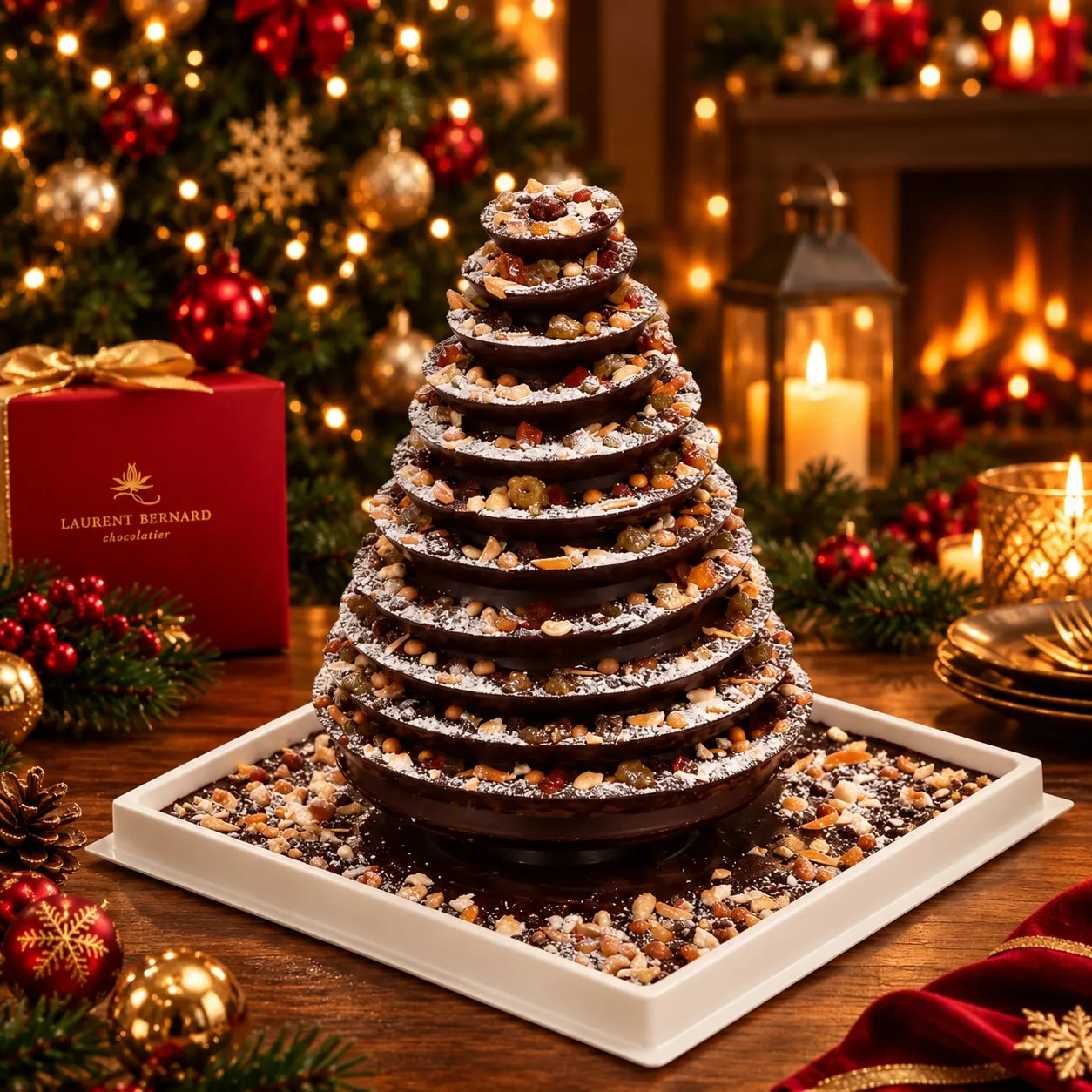 Dark chocolate Christmas tree of stacked discs topped with nuts and candied fruit, by Laurent Bernard Chocolatier.