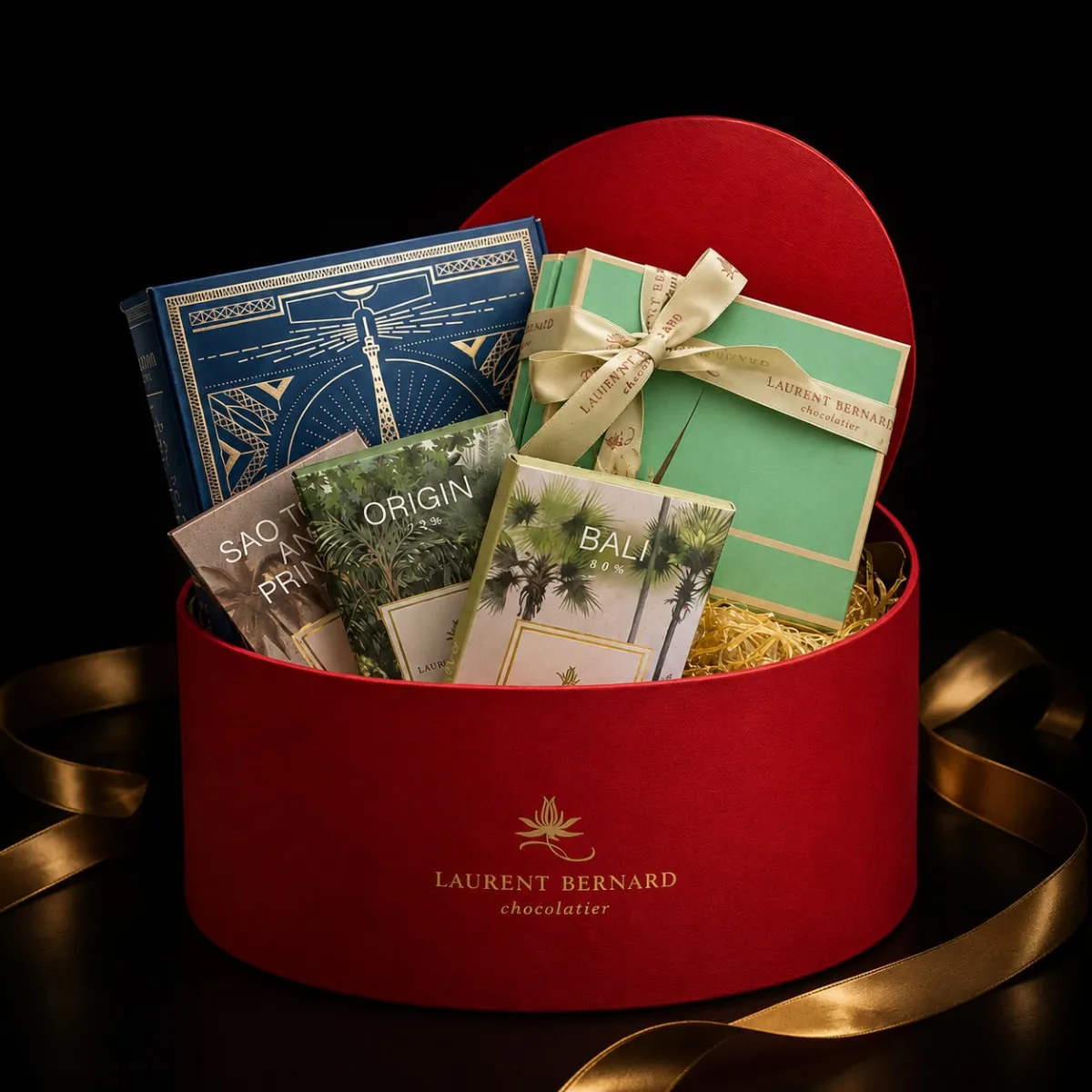 Laurent Bernard Chocolatier luxury chocolate gift hamper with origin bars in a red box, black background,