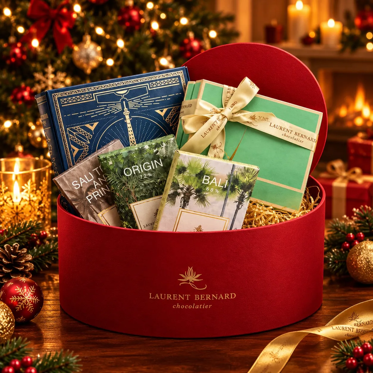 Laurent Bernard Chocolatier Christmas in Paris gift hamper: red round box with chocolate bars and Eiffel Tower gift box.