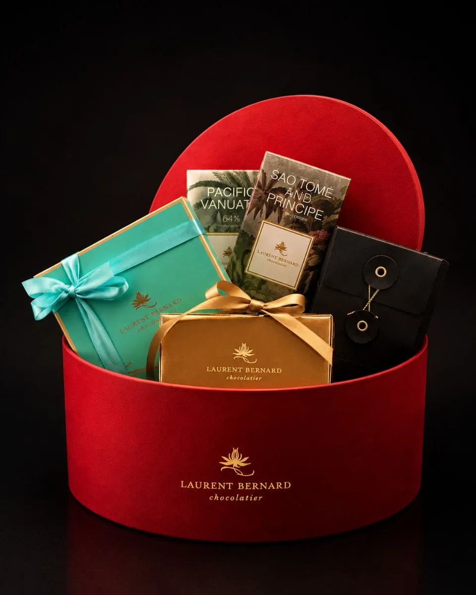 Luxury Laurent Bernard Chocolatier gift hamper presented in a premium red hat box, featuring artisan chocolate bars, gourmet chocolates, elegant gift boxes, and luxury packaging against a black background.