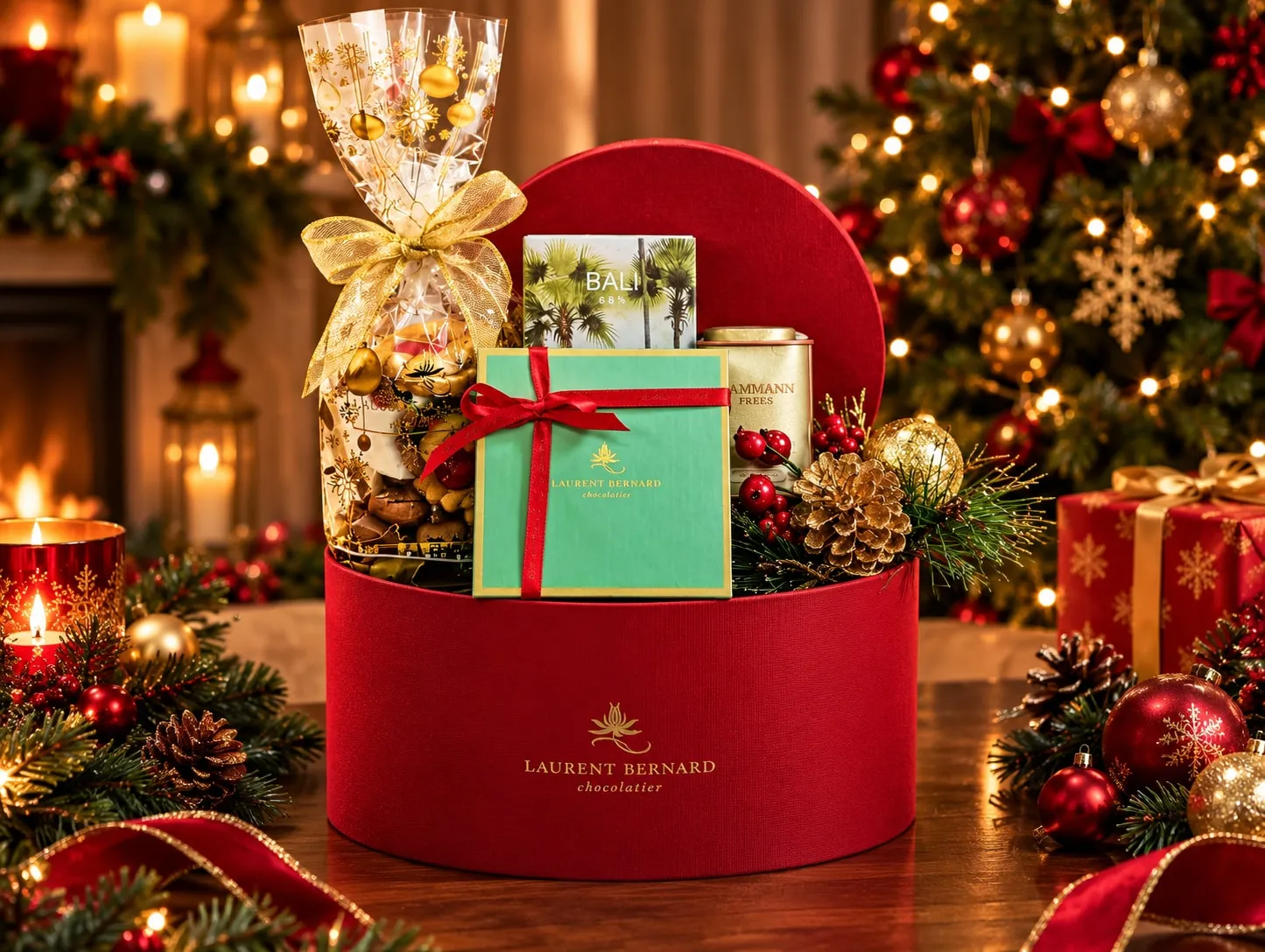 Laurent Bernard red Christmas gift hamper with chocolates, Bali 68% bar, mint chocolate box and tea tin.