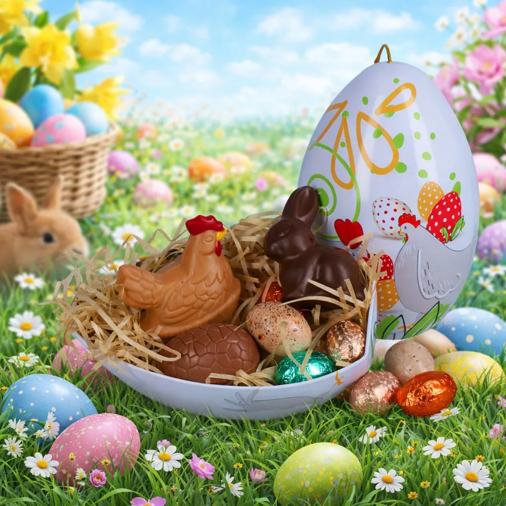 Garnished Easter chocolate egg by Laurent Bernard Chocolatier filled with assorted chocolate figures and foil eggs, presented in a festive spring Easter setting