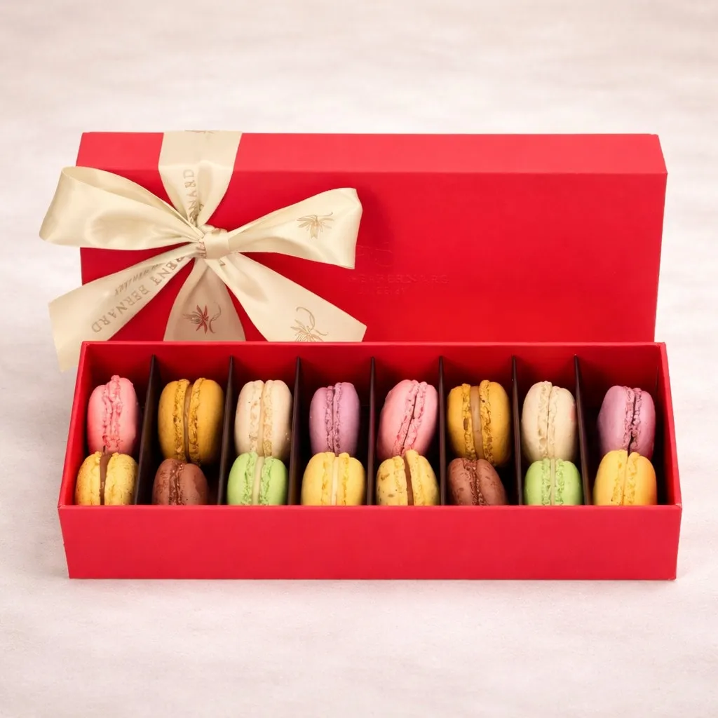 Luxury French macaron chocolate box by Laurent Bernard Chocolatier, elegant red gift box with assorted French macarons.