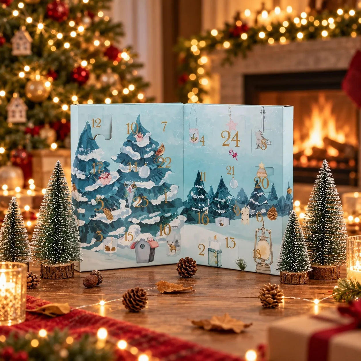 Laurent Bernard chocolate advent calendar with 24 doors and a watercolor snowy fir forest design in soft blue.