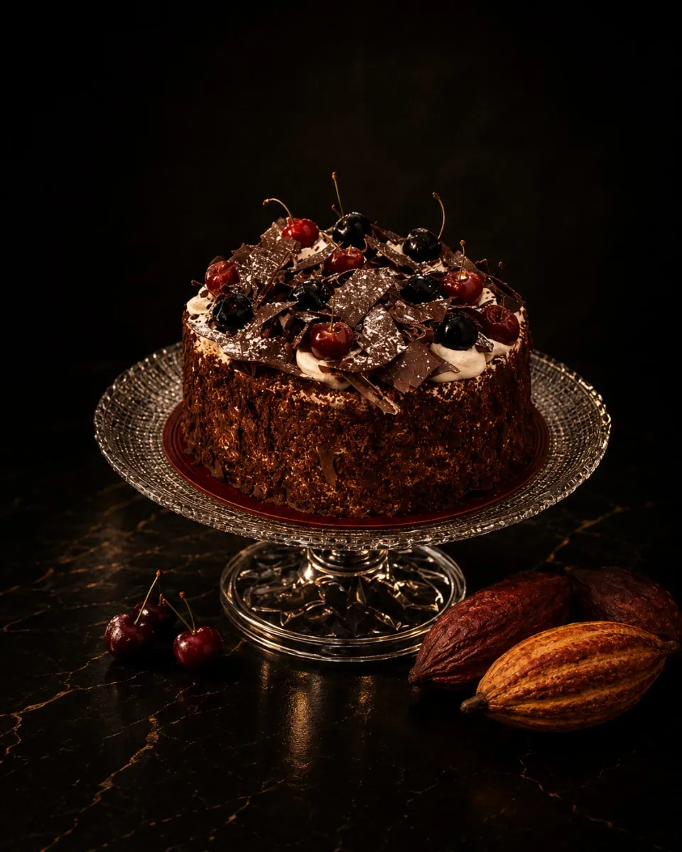 Luxury black forest birthday cake with candles on a crystal cake stand, black bacground.