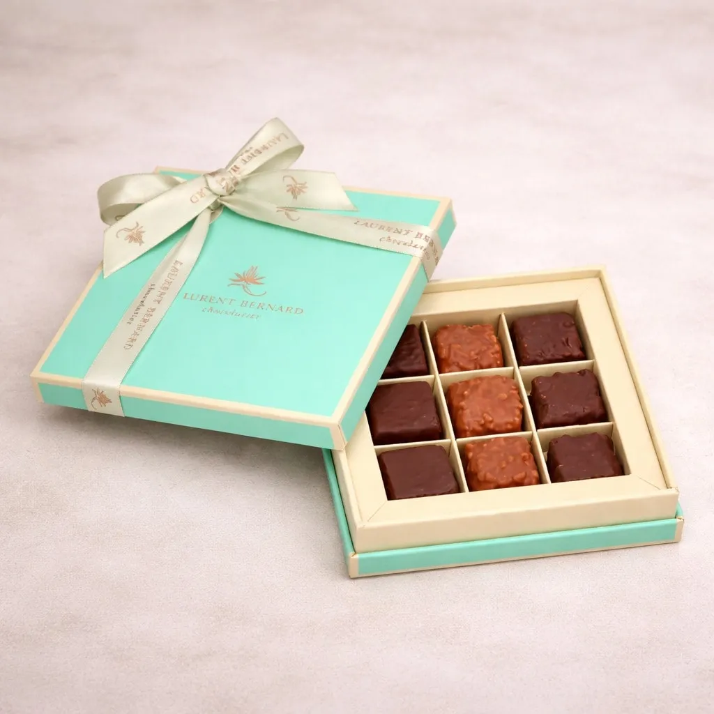 Luxury 9-piece artisan chocolate box with handcrafted pralines by Laurent Bernard Chocolatier, ideal for premium gifting and delivery in Singapore.