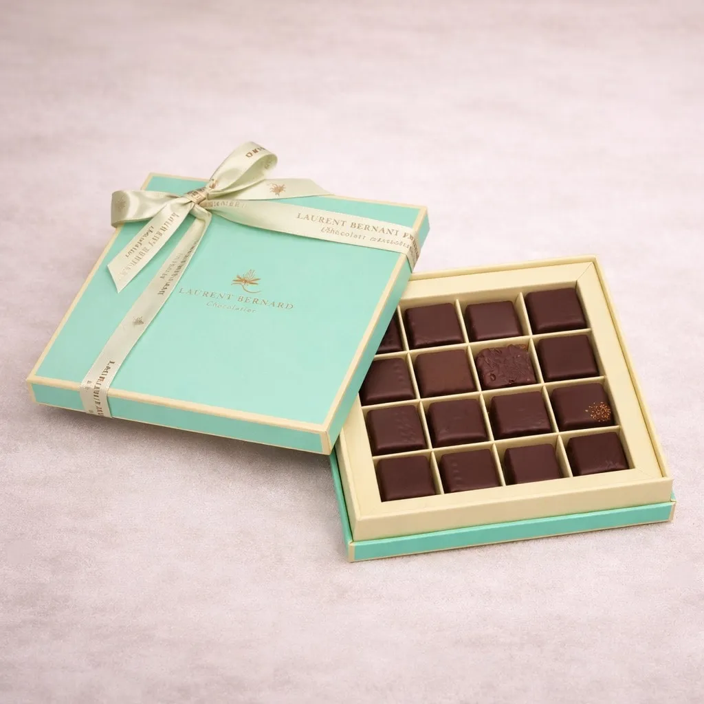 Luxury 16-piece artisan chocolate box with handcrafted ganache in an elegant turquoise and gold gift box, delivery in Singapore