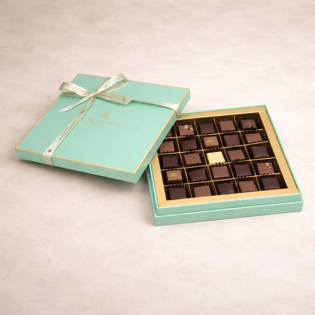 Premium 25 pcs assorted chocolate box by Laurent Bernard Chocolatier in elegant mint green gift box with ribbon Meta Title: