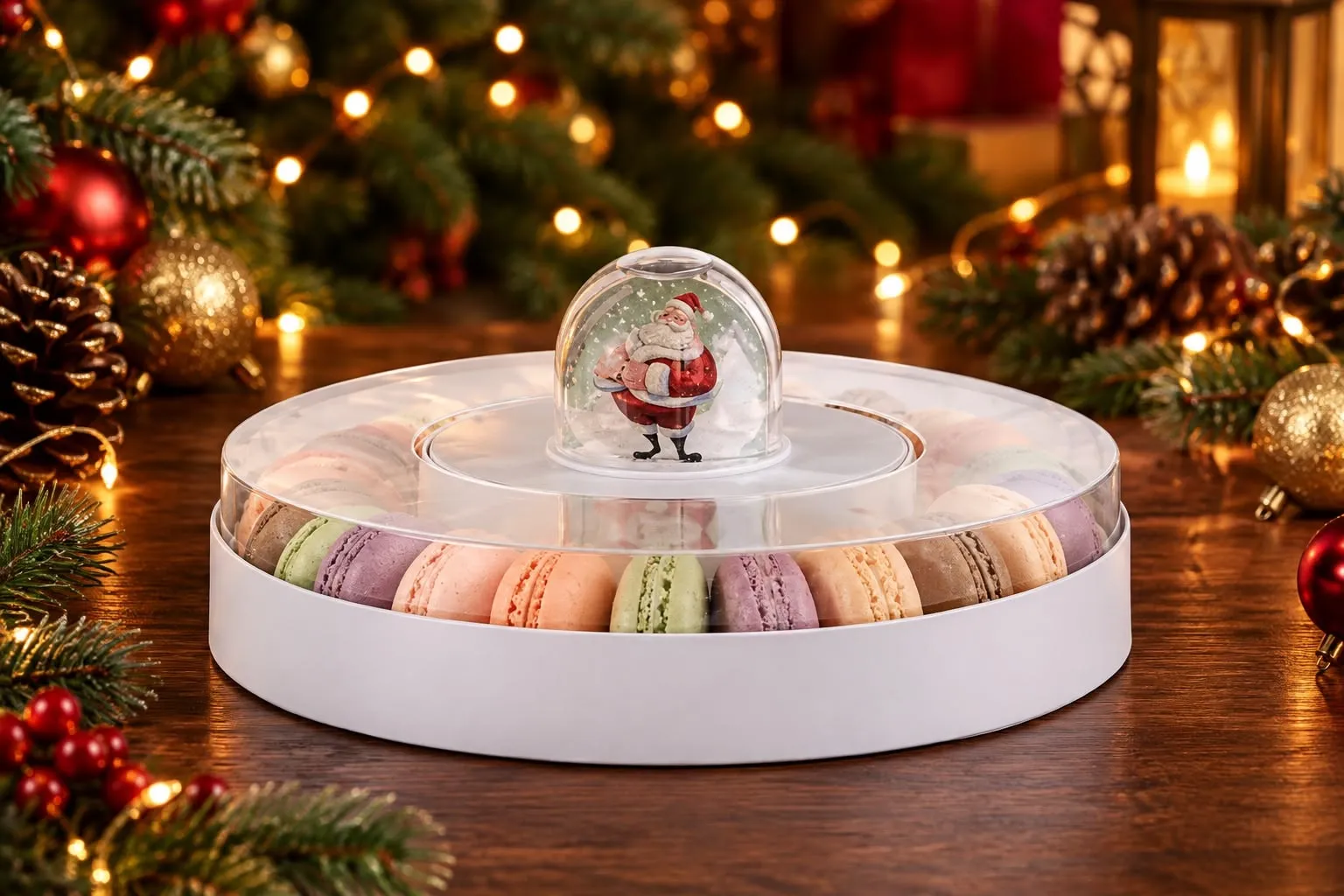 Christmas macaron crown: ring of pastel French macarons around a Santa Claus snow globe in a clear gift box.