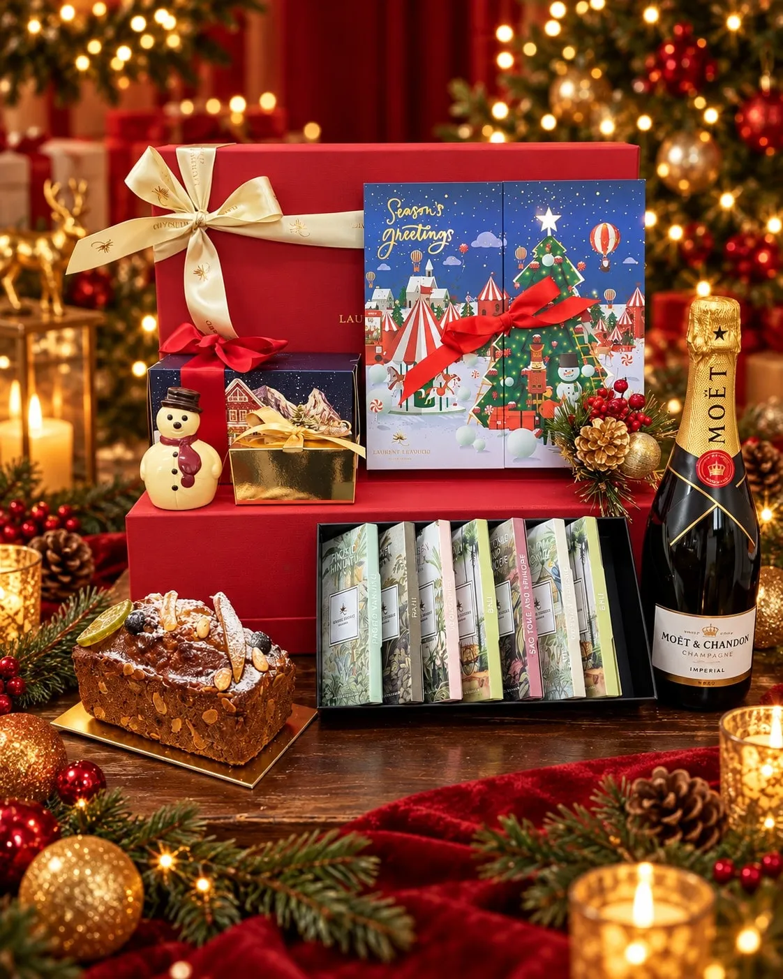 Christmas Essential hamper with Moët & Chandon, chocolate bar tasting set, fruitcake and snowman by Laurent Bernard.