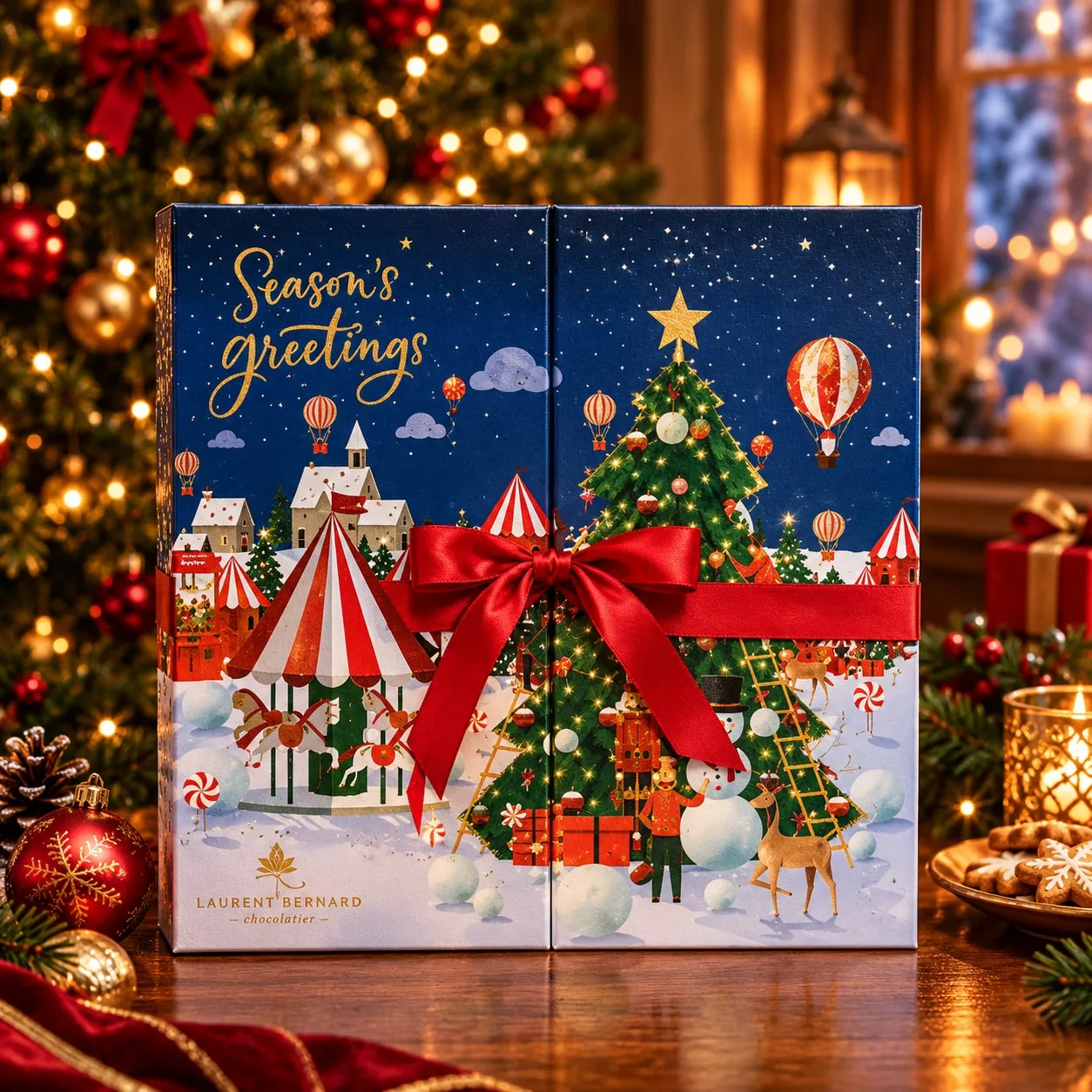 Laurent Bernard Season’s Greetings gift box with Christmas village, carousel and tree design, tied with a red ribbon.