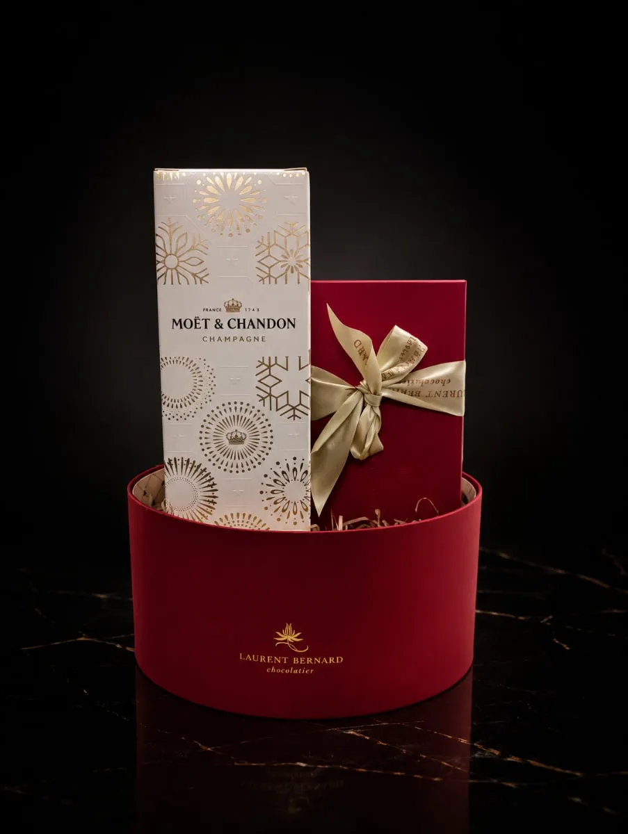 Luxury corporate gift hamper with Moët & Chandon champagne and artisan chocolates by Laurent Bernard Singapore.