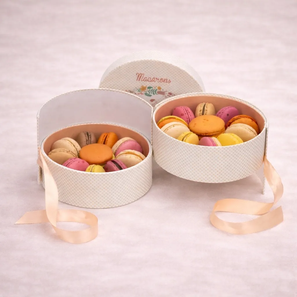 Close up on French macaron box from Laurent Bernard chocolatier.