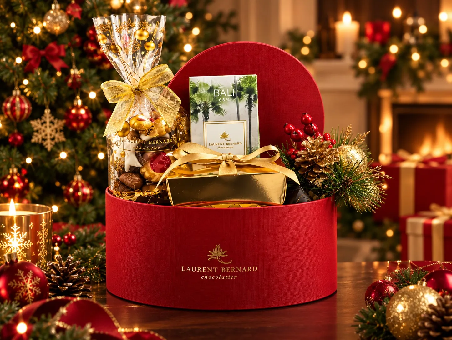 Christmas hamper with cookies, Origin chocolate bar, orangettes and fruitcake in a red Laurent Bernard box.