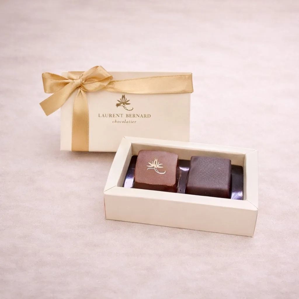 Luxury 2pcs wedding chocolate box from Laurent Bernard chocolatier.
