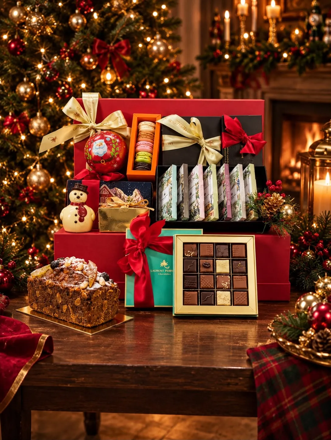 All I Want for Christmas hamper with chocolates, macarons, chocolate bars, fruitcake and snowman by Laurent Bernard.