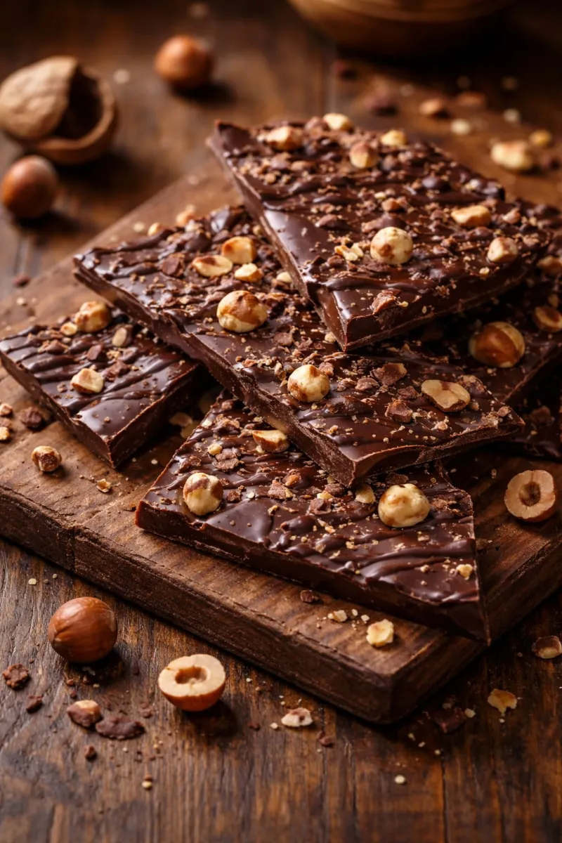 Chocolate and hazelnut shards displayed on a rustic wooden table, crafted by Laurent Bernard Chocolatier, showcasing the best chocolate in Singapore