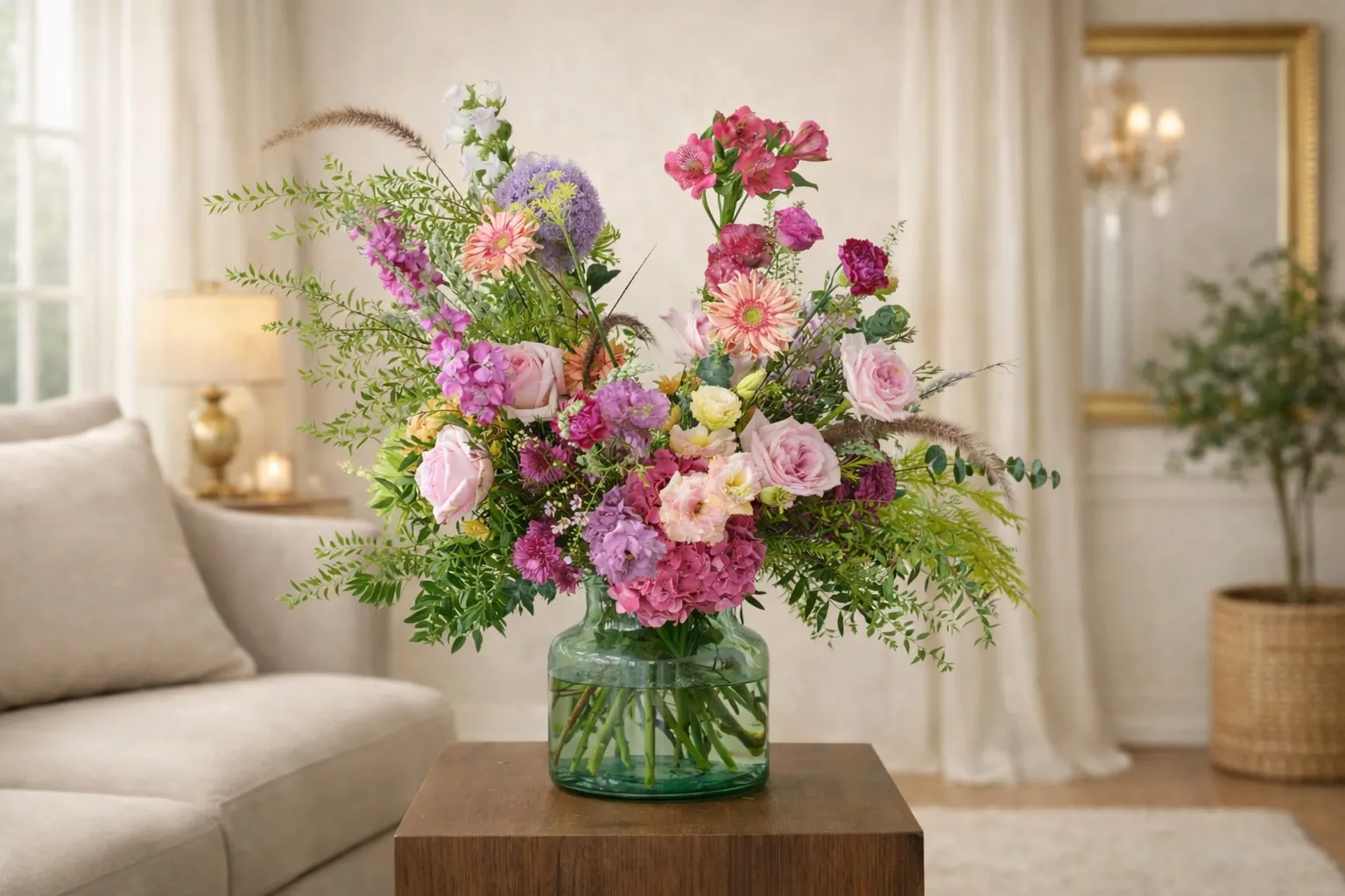 Elegant berry blush flower bouquet in glass vase with pink roses, hydrangea and seasonal blooms on wooden pedestal against soft green home background.