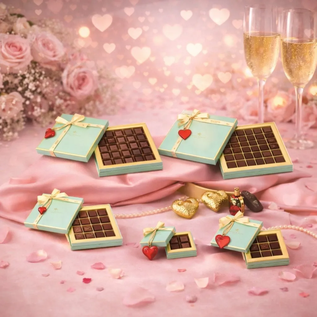 Luxury Valentine’s Day chocolate gift boxes with assorted premium dark chocolates in elegant pastel green packaging on a romantic pink setting.
