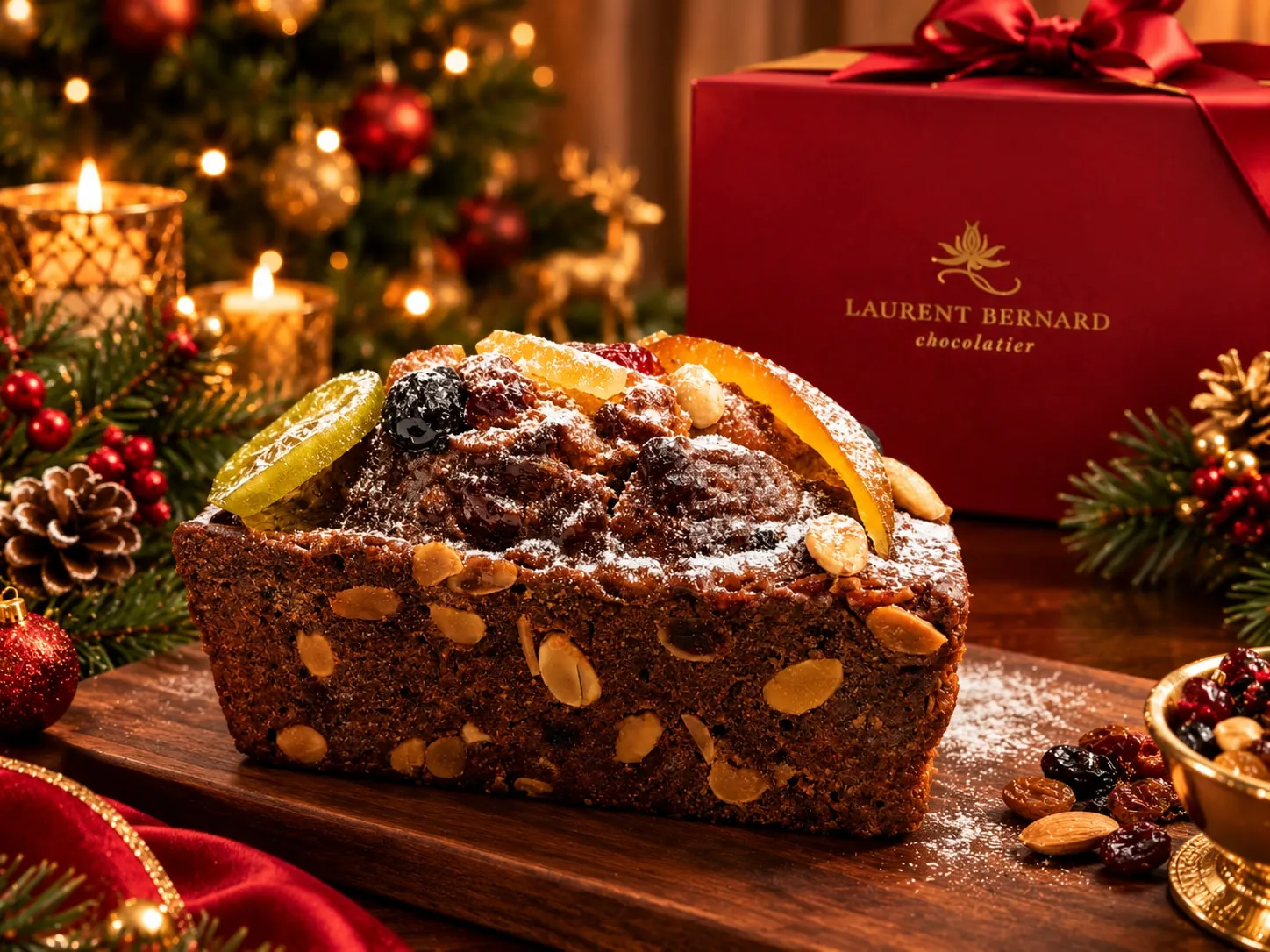 traditional Christmas fruitcake by Laurent Bernard Chocolatier sits on a dark wooden board. The cake is rich and dark, filled with whole almonds, and topped wit