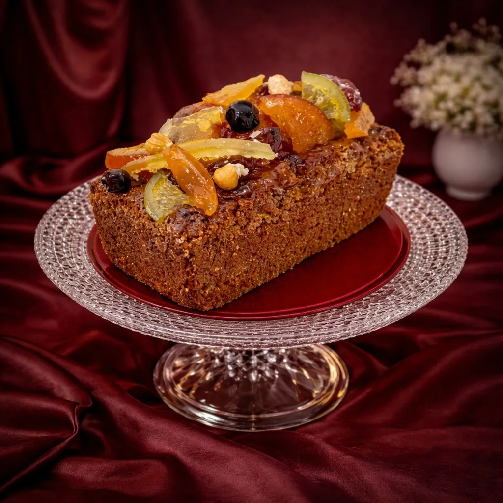 Luxury fruit pound cake on a crystal stand.