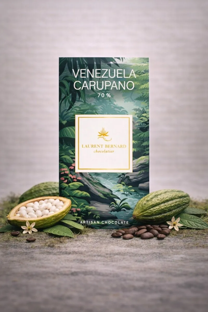Laurent Bernard Chocolatier Venezuela 70% dark chocolate bar with cacao pods and palm tree design, artisan chocolate delivery in Singapore