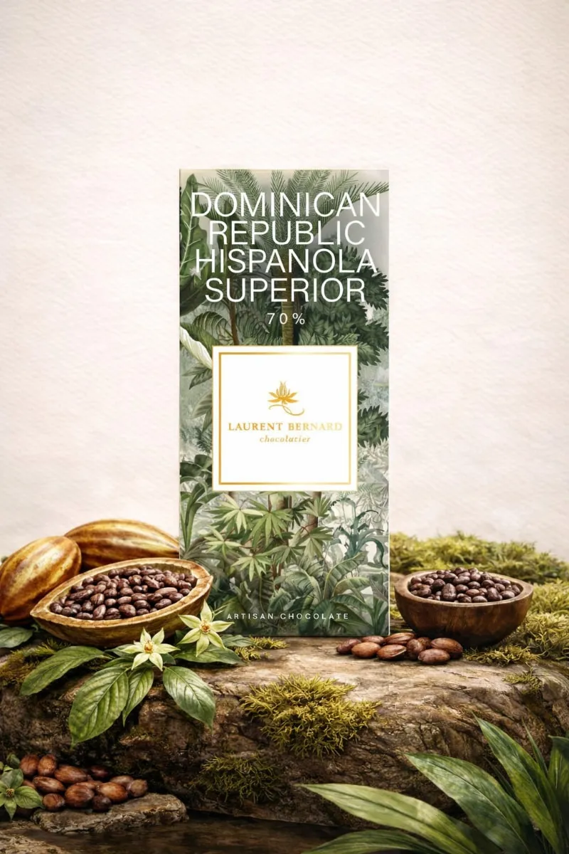 Organic Dominican Republic 70% dark chocolate bar by Laurent Bernard Chocolatier, artisan single-origin cocoa with rich tropical notes.