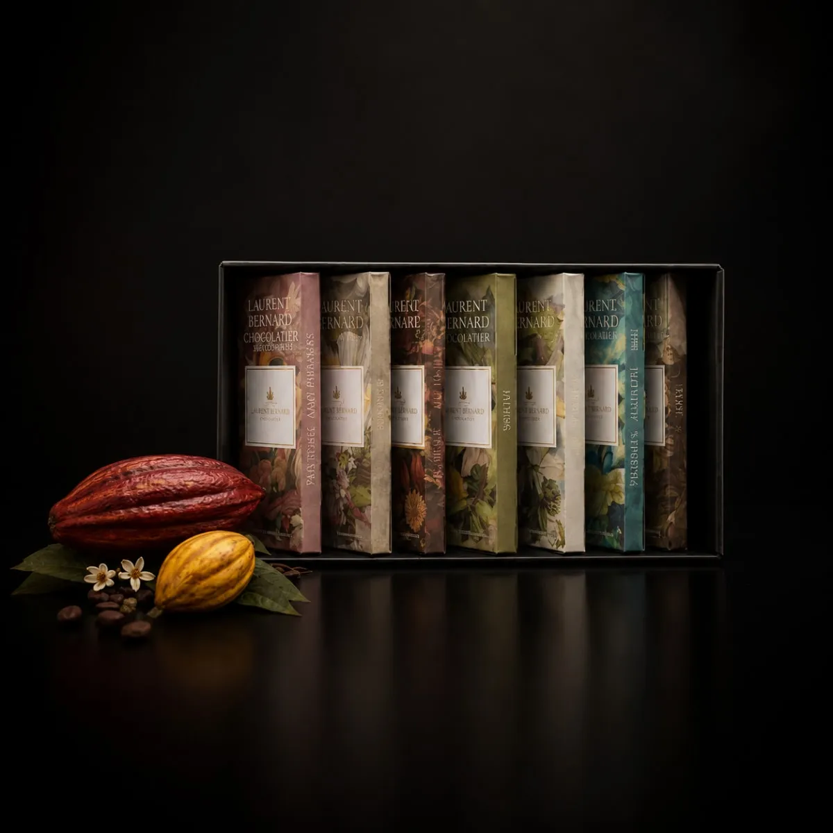 Luxury assortment of artisan dark chocolate bars presented in an elegant gift box with cocoa pods on a black background.