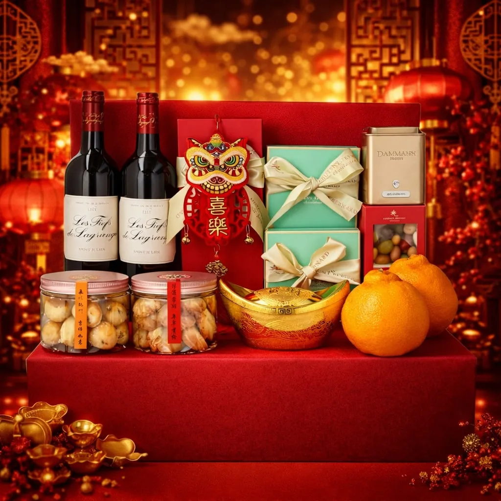 CNY hamper with 2 bottle of red wine, 2 mandarins. 2 chocolate box