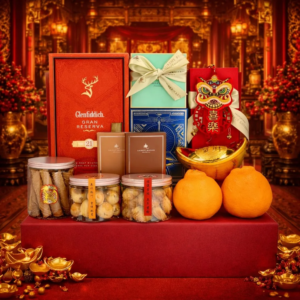 Chinese New Year luxury corporate gift hamper with whisky, chocolates and festive treats, ideal for corporate gifting and delivery.