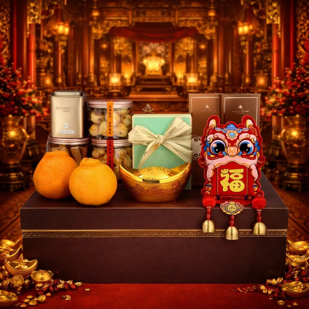 Chinese New Year gourmet hamper with pineapple tarts, festive CNY cookies, premium chocolates and traditional lucky ornaments, ideal for corporate gifting and delivery in Singapore