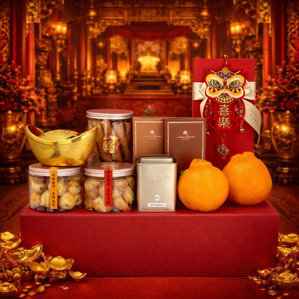 Luxury Chinese New Year hamper featuring pineapple tarts, assorted CNY goodies and premium chocolates, elegant gift for corporate clients with Singapore delivery