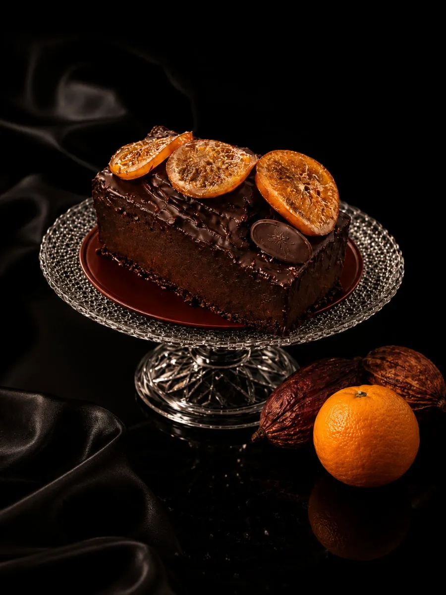 Dark chocolate and orange pound cake, covered with 3 sliced candied orange on a crystal cake stand, black background.