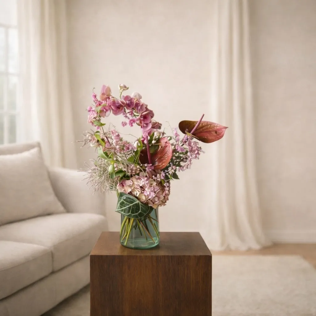 Luxury pink flower bouquet with orchids, anthurium and premium seasonal blooms – same day flower delivery Singapore florist