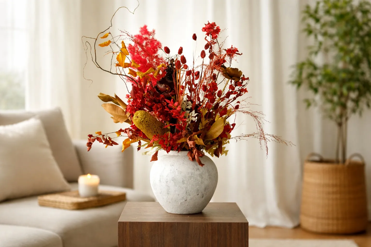 Elegant dried and preserved flower bouquet in white textured vase styled in a warm, cozy home living room setting