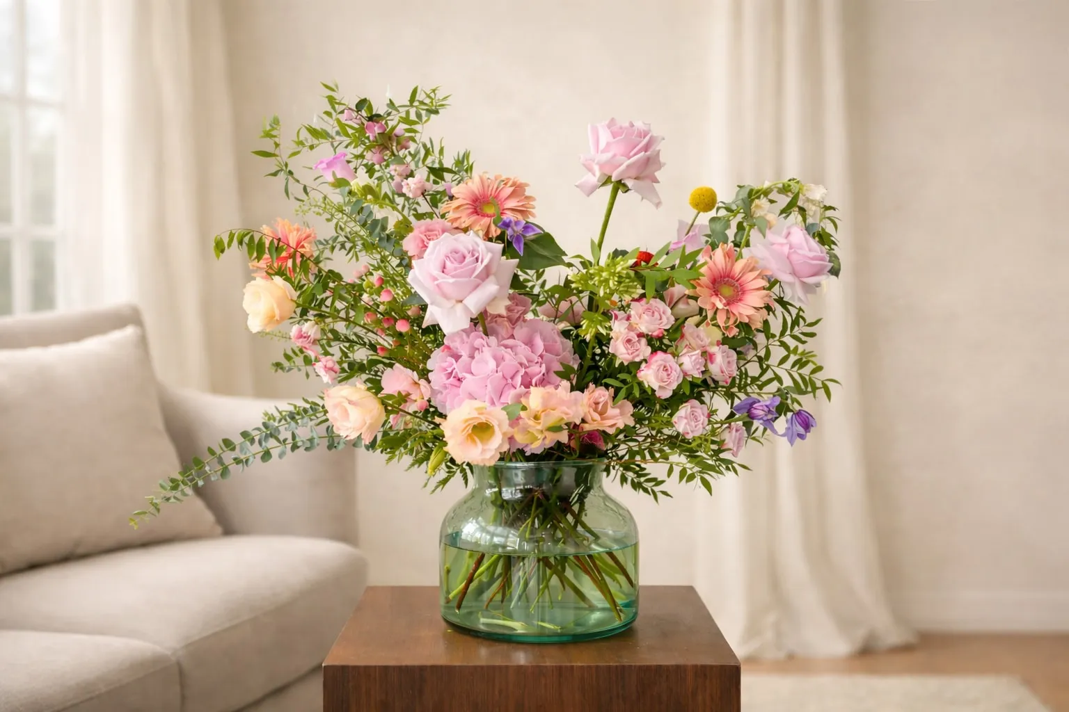 Luxury pastel flower bouquet with roses, hydrangea and seasonal blooms arranged in an elegant bouquet – same day flower delivery Singapore