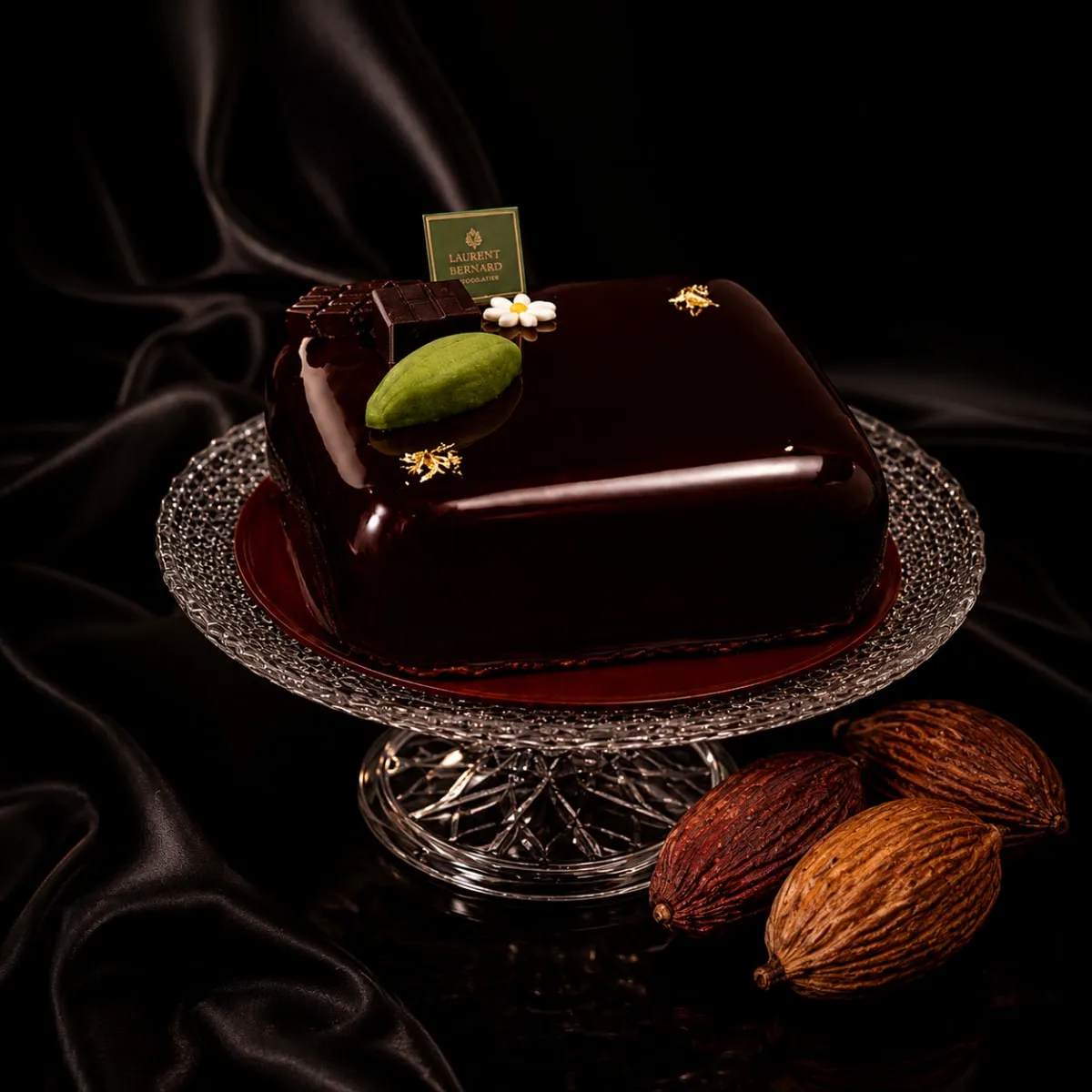 Pure dark chocolate cake from Laurent Bernard chocolatier with black background